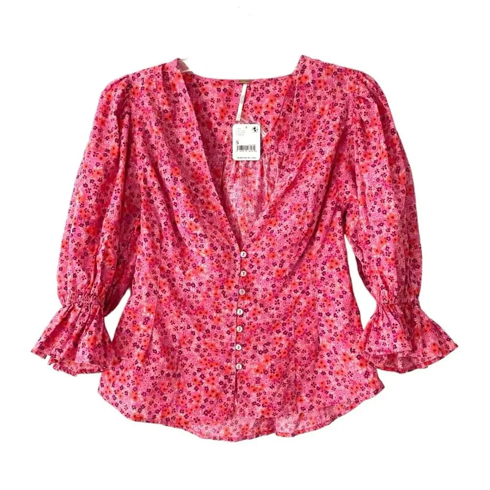 Free People I Found You Pink Floral Print Blouse size small NWTS Puff Sleeves
